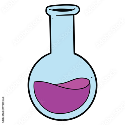 Hand drawn cartoon round bottom flask on white background. Laboratory glassware, chemistry, science, pharmacology.