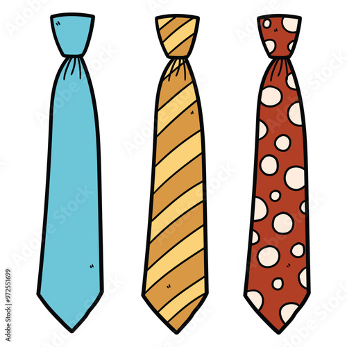 Hand drawn cartoon set of men's colored ties on white background.