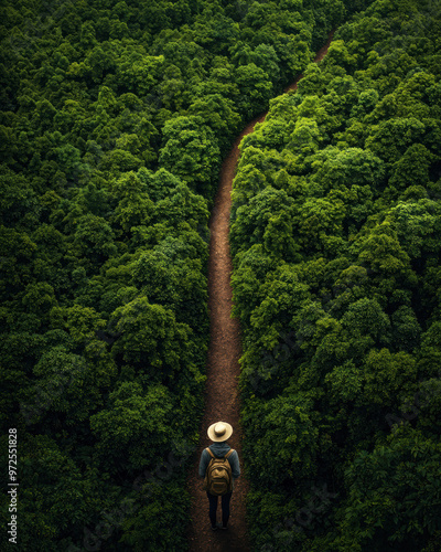 A lone hiker explores a lush, green forest trail, surrounded by vibrant foliage under a serene sky. photo