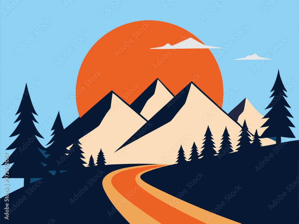 Minimalist Mountain Scene with Pine Trees and Path - Outdoor Vector Illustration. Minimalist Mountain Scene with Pine Trees and Path - Outdoor Vector Illustration.