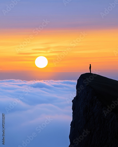 A solitary figure standing on a cliff, watching a breathtaking sunset over a sea of clouds, evoking peace and reflection.