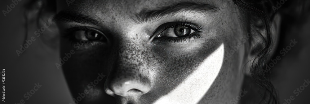 A close-up of a person's face with striking eyes and freckles, illuminated by soft light. A close-up of a person's face with striking eyes and freckles, illuminated by soft light.