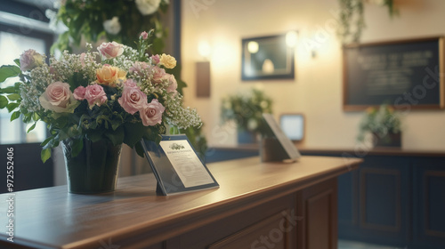 Soft floral arrangement on funeral home reception desk with memorial display photo