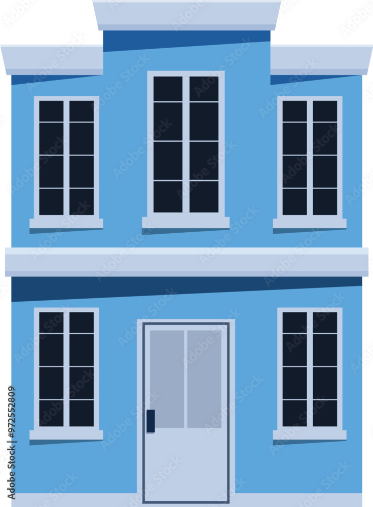Simple vector illustration of an urban building facade, with two floors, a white door, and blue walls