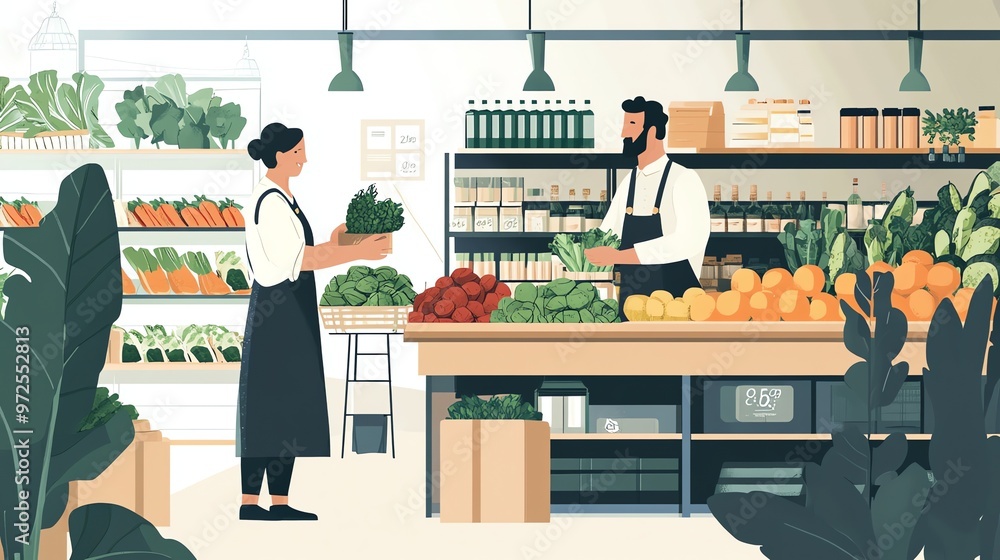Two people are working in a grocery store. Two people are working in a grocery store.