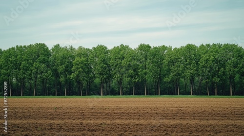 A dirt field lined with evenly spaced trees, their trunks standing tall against a backdrop of wide-open farmland.