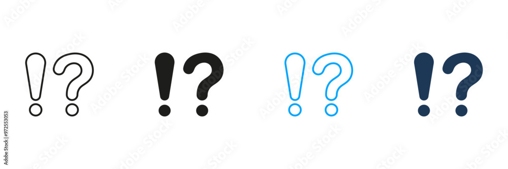 Question Mark and Exclamation Point Line and Silhouette Icon Set. FAQ, Answer Pictogram. Alert Symbol, Interrogative Warning Sign. Caution Information. Editable Stroke. Isolated Vector Illustration