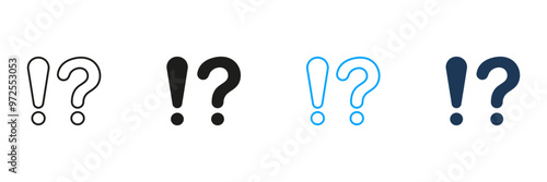 Question Mark and Exclamation Point Line and Silhouette Icon Set. FAQ, Answer Pictogram. Alert Symbol, Interrogative Warning Sign. Caution Information. Editable Stroke. Isolated Vector Illustration