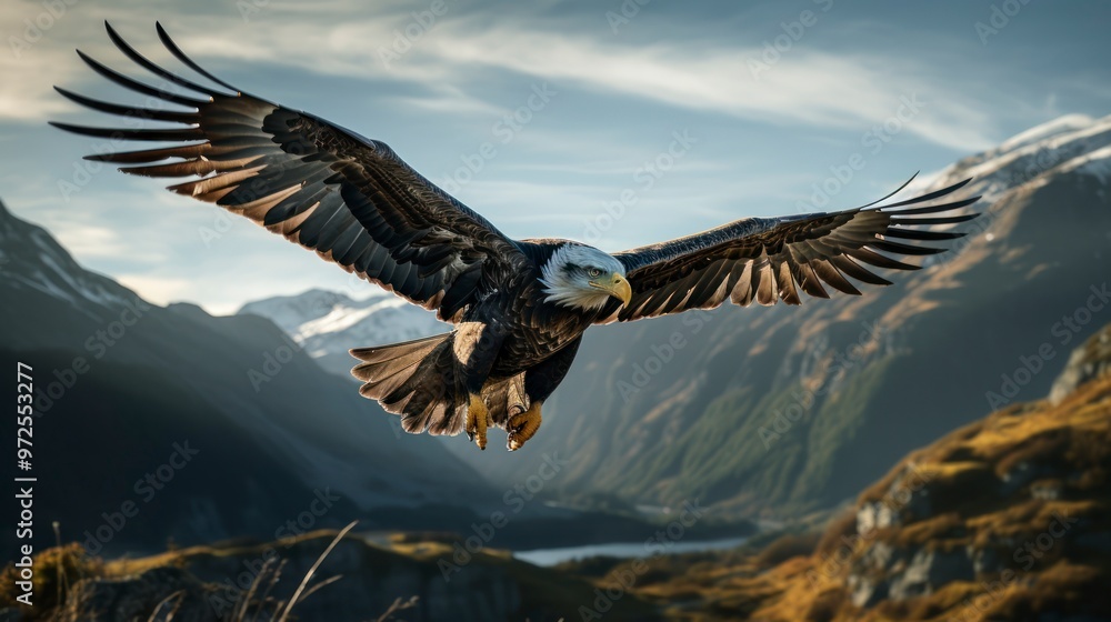 Bald Eagle in flight with mountains in the background at sunset. Bald Eagle in flight with mountains in the background at sunset.
