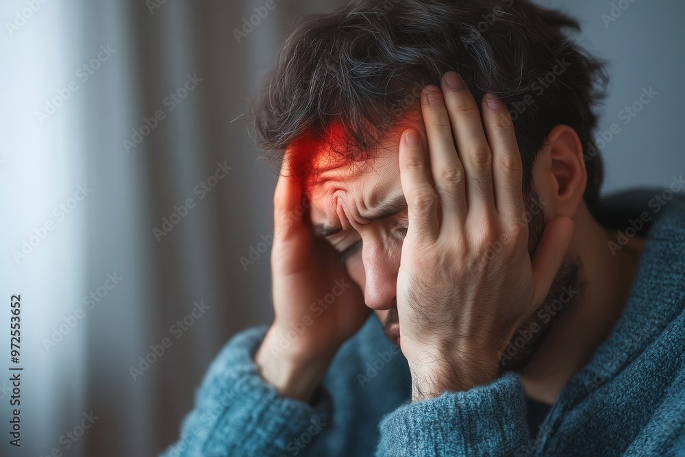 Fototapeta premium Brain disease causes severe chronic migraine headaches, adult man looks tired and stressed