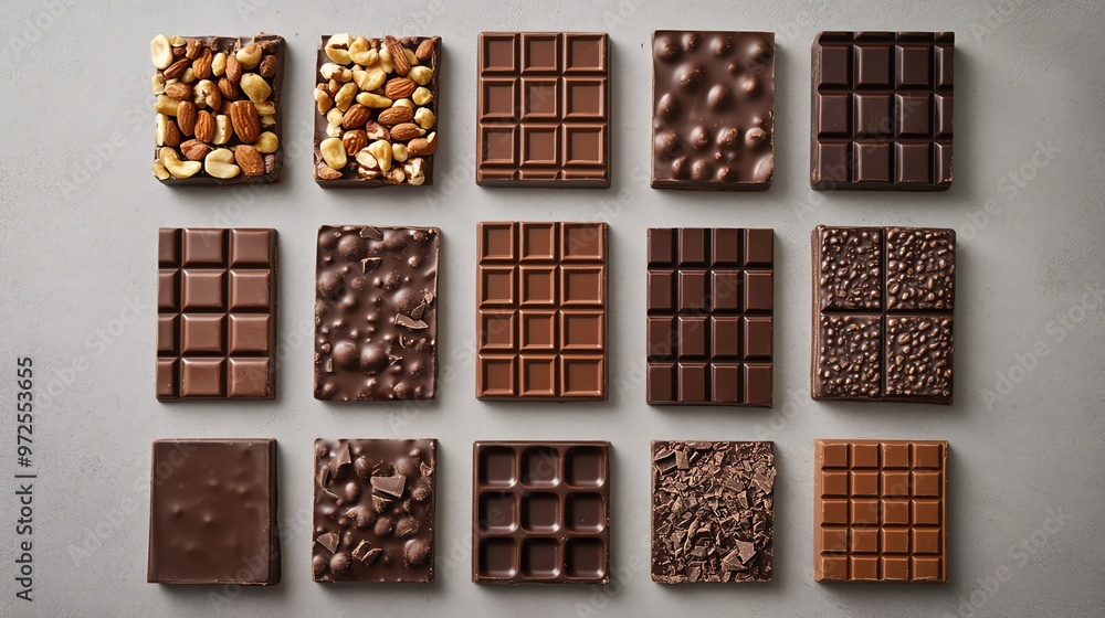 A flat lay of assorted chocolate bars with different toppings, including nuts, chocolate chips, and almonds. A flat lay of assorted chocolate bars with different toppings, including nuts, chocolate chips, and almonds.