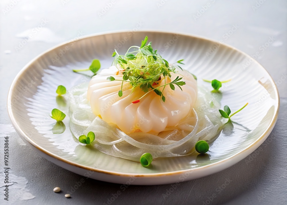 Delicate, translucent jellyfish sashimi arranged artfully on a minimalist plate, garnished with thinly sliced daikon Delicate, translucent jellyfish sashimi arranged artfully on a minimalist plate, garnished with thinly sliced daikon