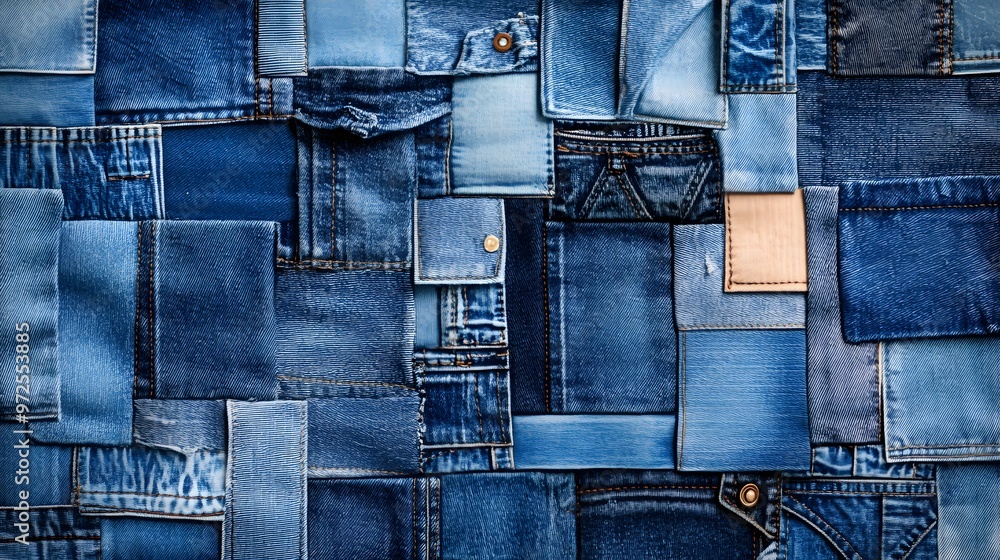 A patchwork of denim fabric, various blue shades and styles, arranged in an artistic pattern A patchwork of denim fabric, various blue shades and styles, arranged in an artistic pattern