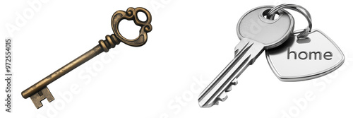 Set of a house key with a small silver and steel design in the shape of the word home on the handle, isolated on transparent background.