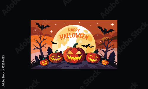 Vector Halloween Scene with Large Full Moon.