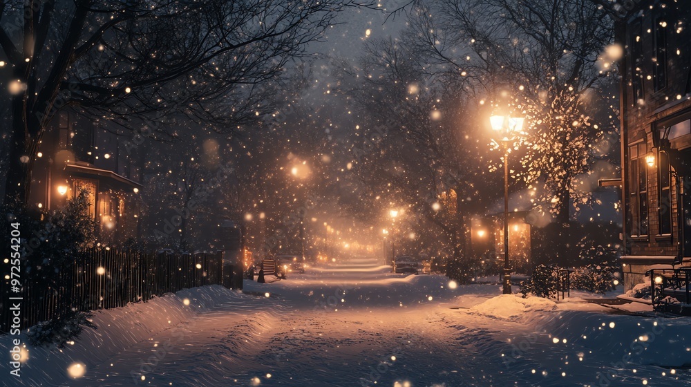 A magical winter scene with snow falling on a quiet street lined with trees and glowing streetlights. A magical winter scene with snow falling on a quiet street lined with trees and glowing streetlights.