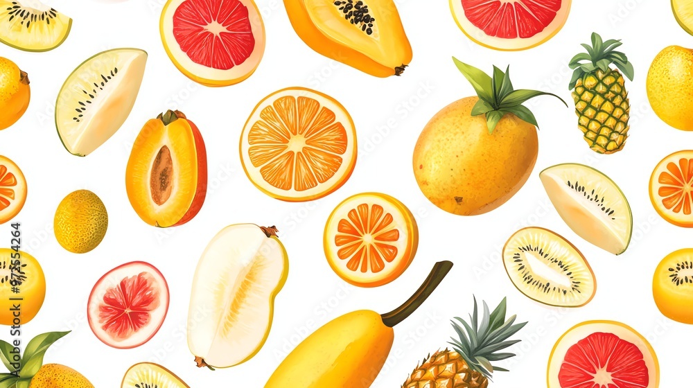 A seamless pattern of fresh, whole and sliced tropical fruit. A seamless pattern of fresh, whole and sliced tropical fruit.