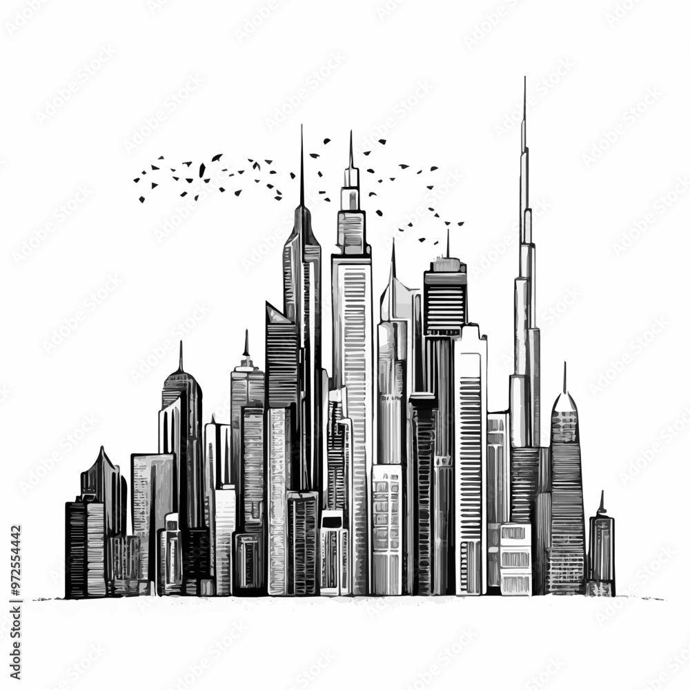 Modern Dubai City Skyline Illustration with Skyscrapers and Birds Modern Dubai City Skyline Illustration with Skyscrapers and Birds