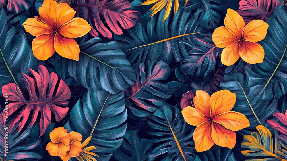 Vibrant tropical leaves and flowers create a lush, summery pattern. Vibrant tropical leaves and flowers create a lush, summery pattern.