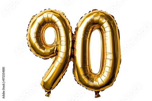 balloon in the shape of the number 90. Gold colored balloons. on background transparent photo