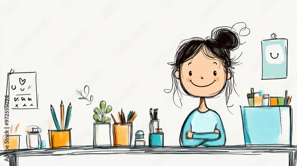 A charming cartoon girl smiles while sitting at a desk filled with art supplies, plants, and sketches, showcasing creativity. A charming cartoon girl smiles while sitting at a desk filled with art supplies, plants, and sketches, showcasing creativity.