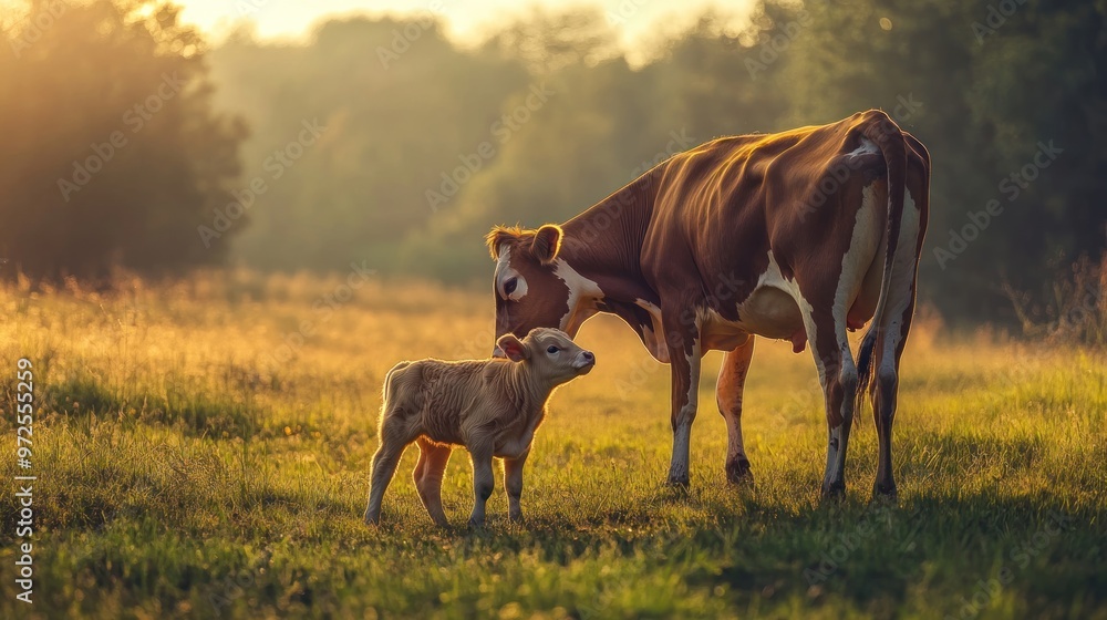 A cow and its calf stand together in a sunlit field, embodying nature's tranquility. A cow and its calf stand together in a sunlit field, embodying nature's tranquility.