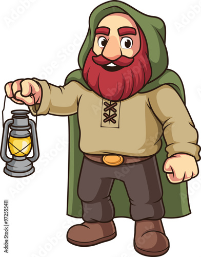 Male dwarf in green cape smiling as he holds a lantern vector image