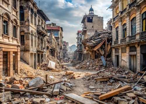 Destruction and chaos reign in the historic city center after a massive earthquake strikes, crumbling buildings and