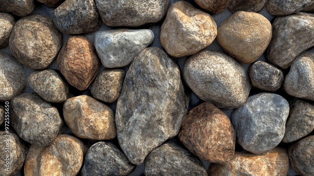 Close-up of smooth, gray, brown, and white stones. Close-up of smooth, gray, brown, and white stones.