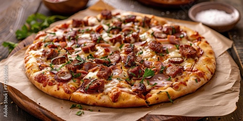 Pizza with Sausage and Ham on Baking Paper