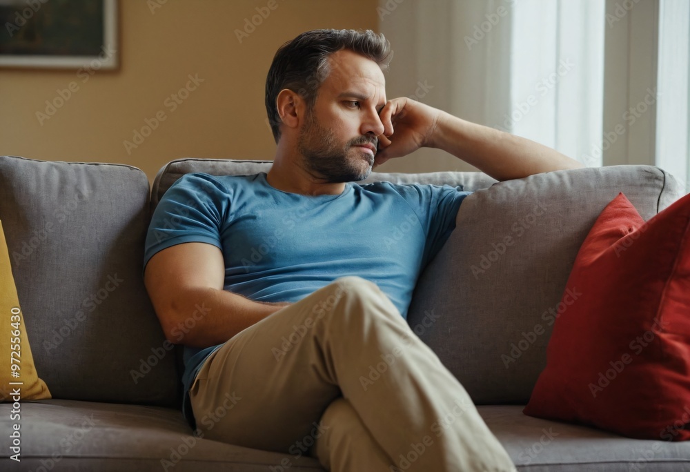 Side view portrait of a serious man resting and relaxing sitting on a sofa at home. Ai generated image. Side view portrait of a serious man resting and relaxing sitting on a sofa at home. Ai generated image.