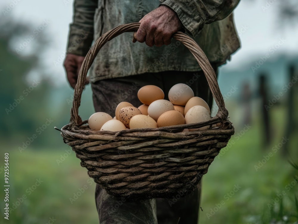 A person carrying a woven basket filled with various eggs along a rural path. A person carrying a woven basket filled with various eggs along a rural path.