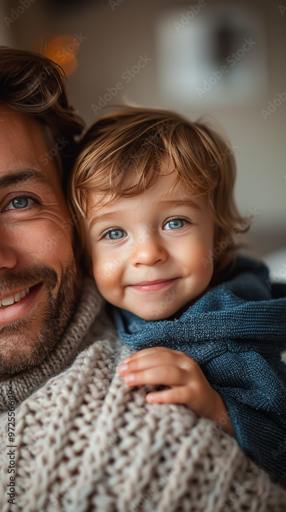 Father and Child Smiling Together in Cozy Sweaters, Capturing Bonding Moments Father and Child Smiling Together in Cozy Sweaters, Capturing Bonding Moments