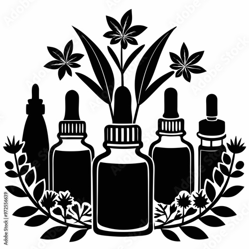Essential oils collection, health and immunity theme, soothing arrangement with plants