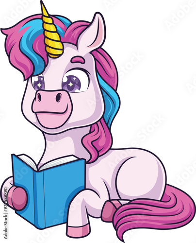 Cute unicorn lying down reading a book vector image