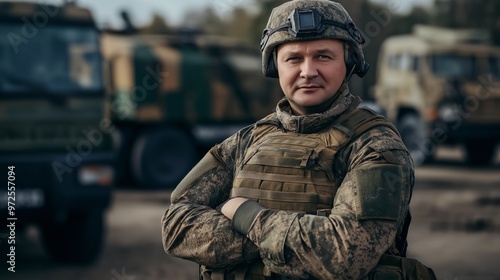 Confident MiddleAged Male Soldier in Camouflage Stands Firmly in Front of Military Vehicles