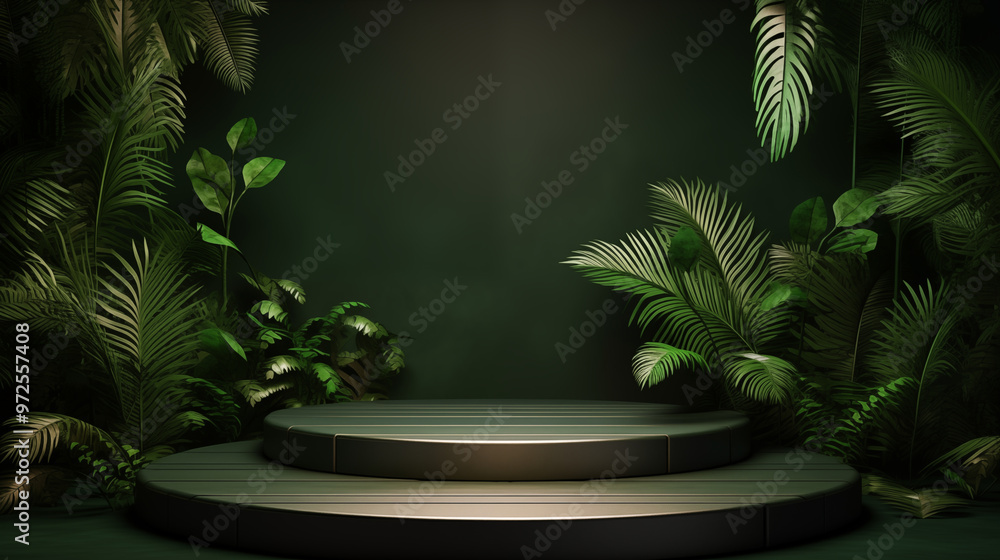 Wooden round empty podium with palm and tropical leaves on green wall background. Product display presentation, advertising, mockup, showcasing.
Wooden round empty podium with palm and tropical leaves on green wall background. Product display presentation, advertising, mockup, showcasing.