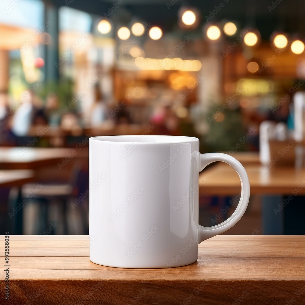 Mock up of white blank coffee mug with blurry coffee shop on background. Copy space Mock up of white blank coffee mug with blurry coffee shop on background. Copy space