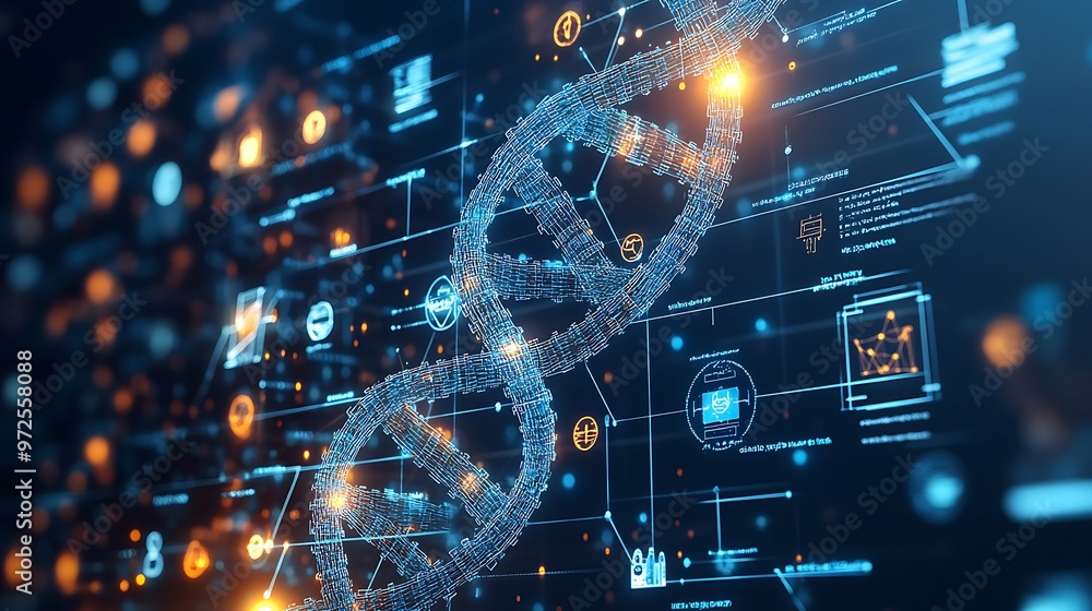 Detailed DNA helix structure floating over a digital medical interface, with sharp icons representing medical technology in the background Detailed DNA helix structure floating over a digital medical interface, with sharp icons representing medical technology in the background