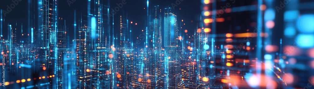 Futuristic cityscape with glowing lights and data streams, representing advanced technology and digital innovation. Ideal for tech themes. Futuristic cityscape with glowing lights and data streams, representing advanced technology and digital innovation. Ideal for tech themes.