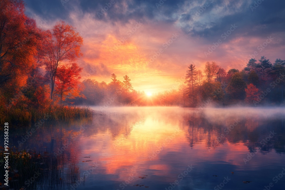 a tranquil autumn sunrise over a calm lake, with mist rising from the water and the first light illuminating the colorful fall foliage. a tranquil autumn sunrise over a calm lake, with mist rising from the water and the first light illuminating the colorful fall foliage.