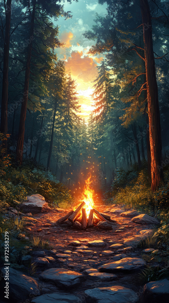 A forest campsite comes to life with the glow of campfire flames, illuminating the surrounding greenery. A forest campsite comes to life with the glow of campfire flames, illuminating the surrounding greenery.
