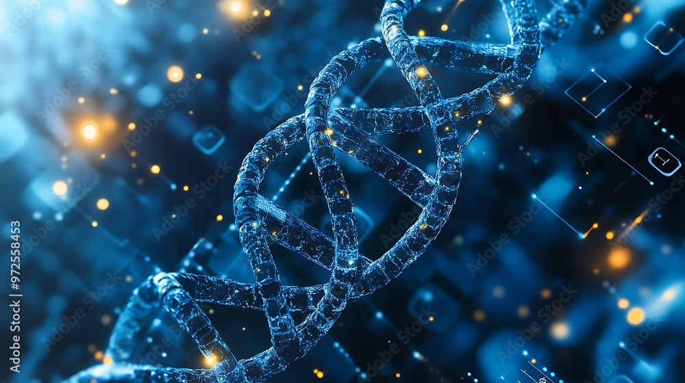 Double helix DNA against a medical research interface background, featuring crisp and clear details of molecular structures and health-related technology Double helix DNA against a medical research interface background, featuring crisp and clear details of molecular structures and health-related technology