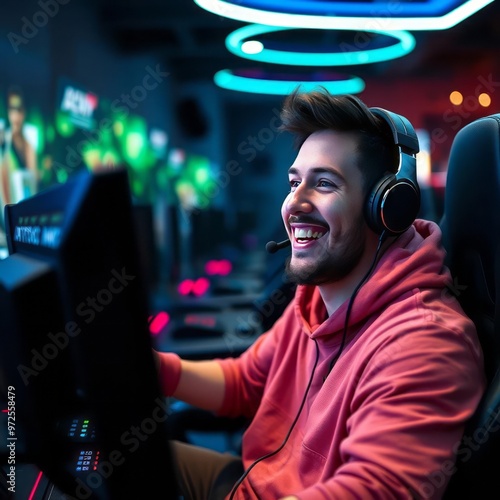 Smiling pro male gamer playing online video games in a gameroom gameroom 