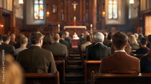 A church with a large crowd of people sitting in pews