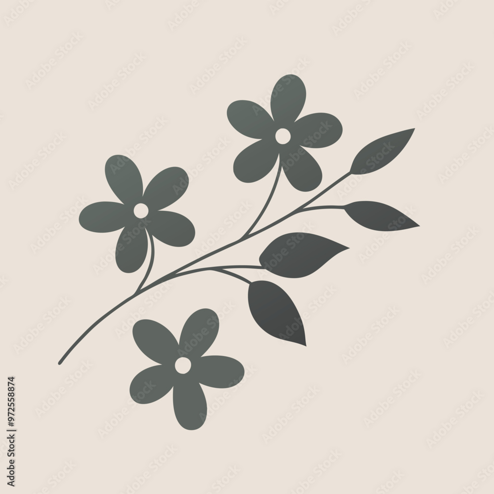 Fototapeta premium a cute flower branch with leaves, vector silhouette, isolated white background 