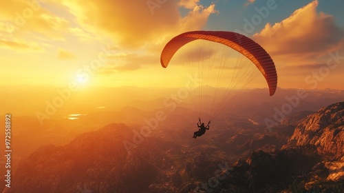 Person paragliding in the sky at sunset. Paraglider flying over the landscape. Adventure concept.