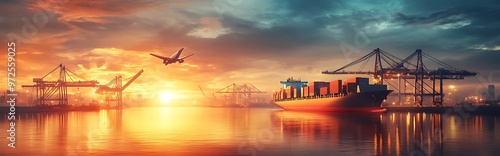 A large cargo ship docked at a busy port with cranes in the background. The sun sets over the city skyline, casting a warm glow on the water. A plane flies overhead. photo