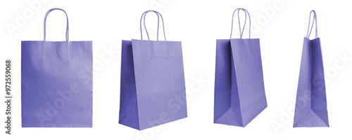 Set of different angles blank purple craft paper bags isolated on white, transparent background. Eco friendly shopping bag made from recycled paper, recycling concept. Mockup, template, copy space photo