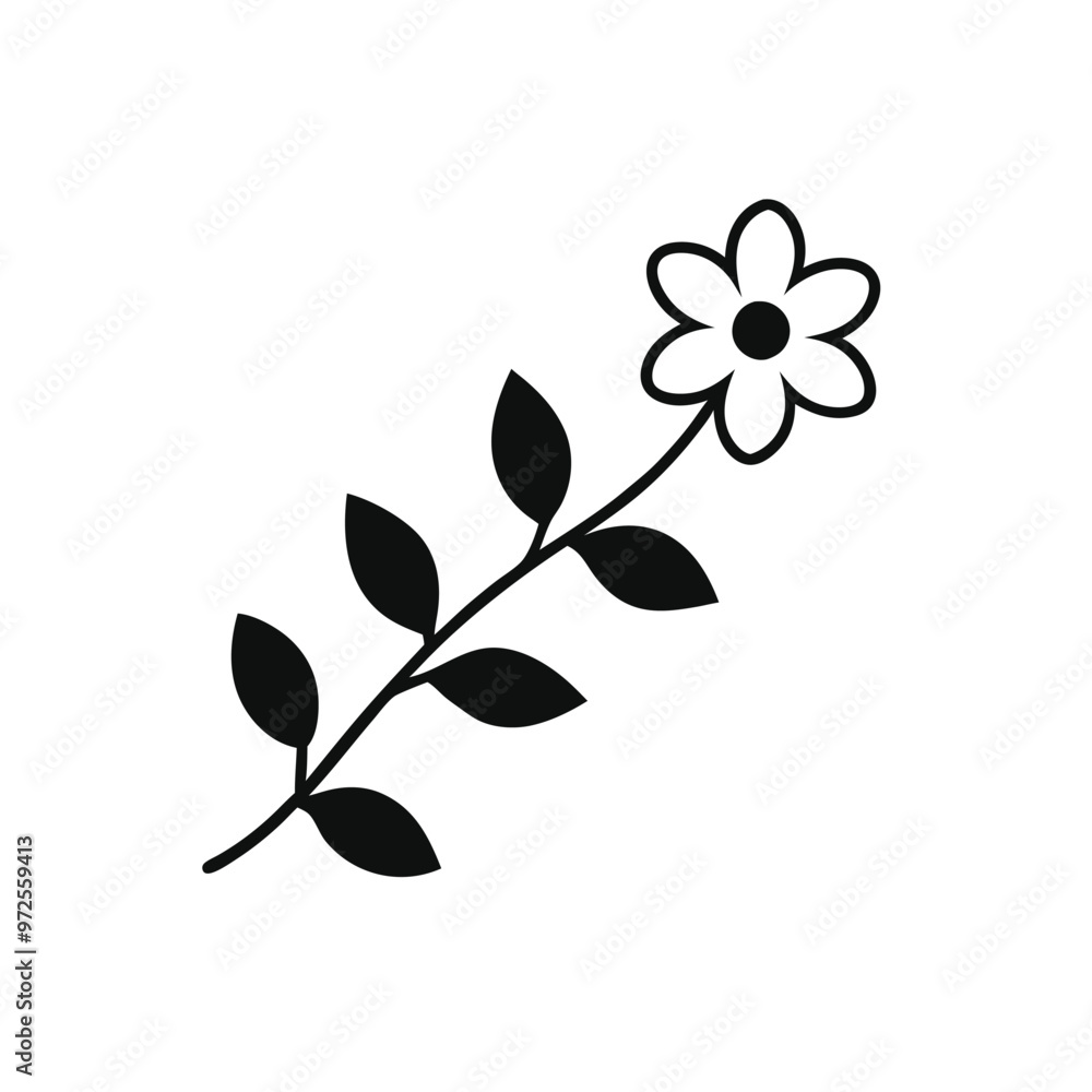 a cute flower branch with leaves, vector silhouette, isolated white background a cute flower branch with leaves, vector silhouette, isolated white background